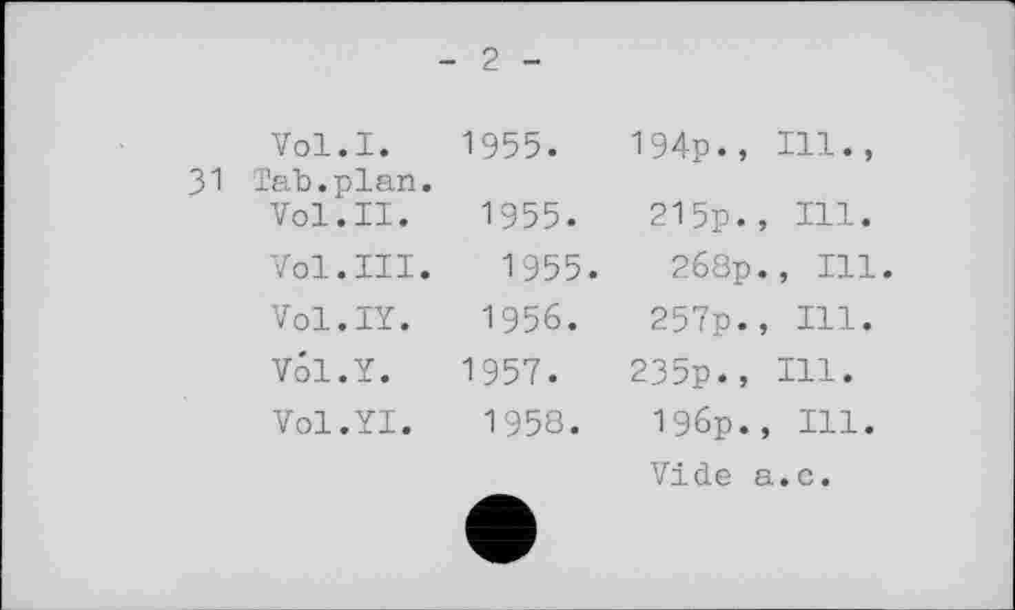 ﻿2
Vol.I. 1955.	194p., Ill.,
ЗІ Tab.plan.
Vol.II.	1955.	215р.,	Hl.
Vol.III. 1955.	2б8р., Ill.
Vol.IY.	1956.	257p.,	Ill.
Vol.Y. 1957.	235p., Hl.
Vol.YI.	1958.	196p.,	Ill.
Vide a.c.